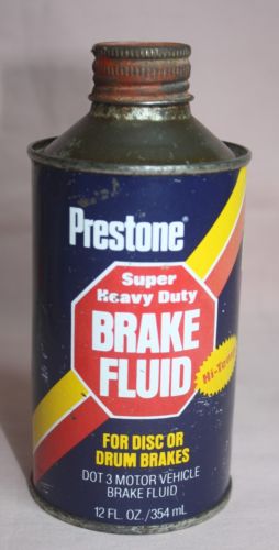 VINTAGE  PRESTONE  SUPER HEAVY  BRAKE FLUID 3-DOT MOTOR  CONE TOP 12 OZ TIN/CAN