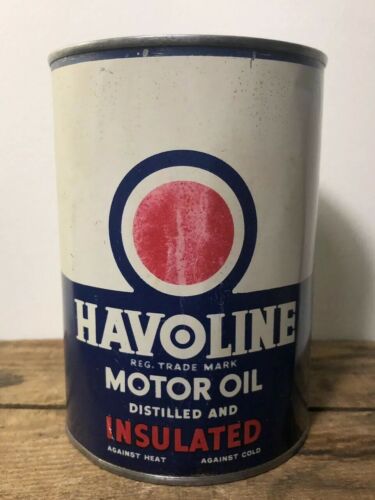 Vtg 1930s HAVOLINE MOTOR OIL 1 Quart Oil Can Metal Full Rare INDIAN REFINING CO.