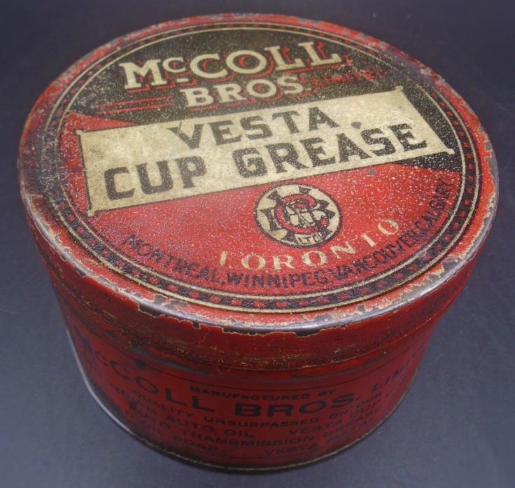 ULTRA RARE 1920's VINTAGE McCOLL BROS VESTA CUP GREASE CAN ***RED INDIAN OIL***