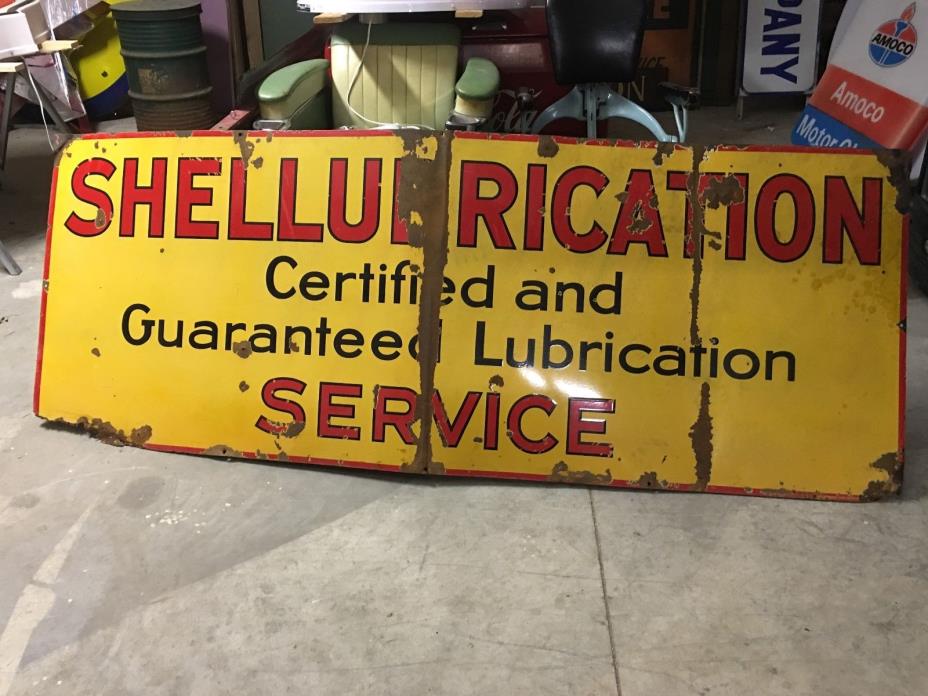 LARGE ORIGINAL Vintage SHELL SHELLUBRICATION Porcelain SIGN Gas Oil Patina OLD