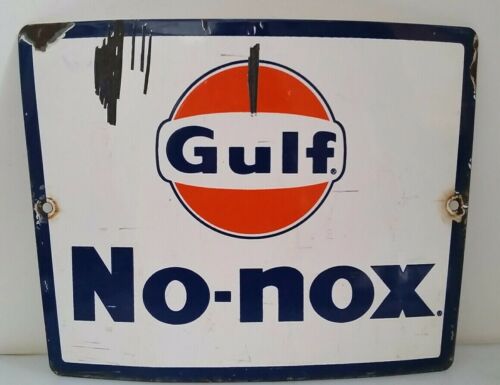 VINTAGE COLLECTIBLE ADVERTISING GULF GAS PUMP SIGN TAPERED CONVEX PORCELAIN