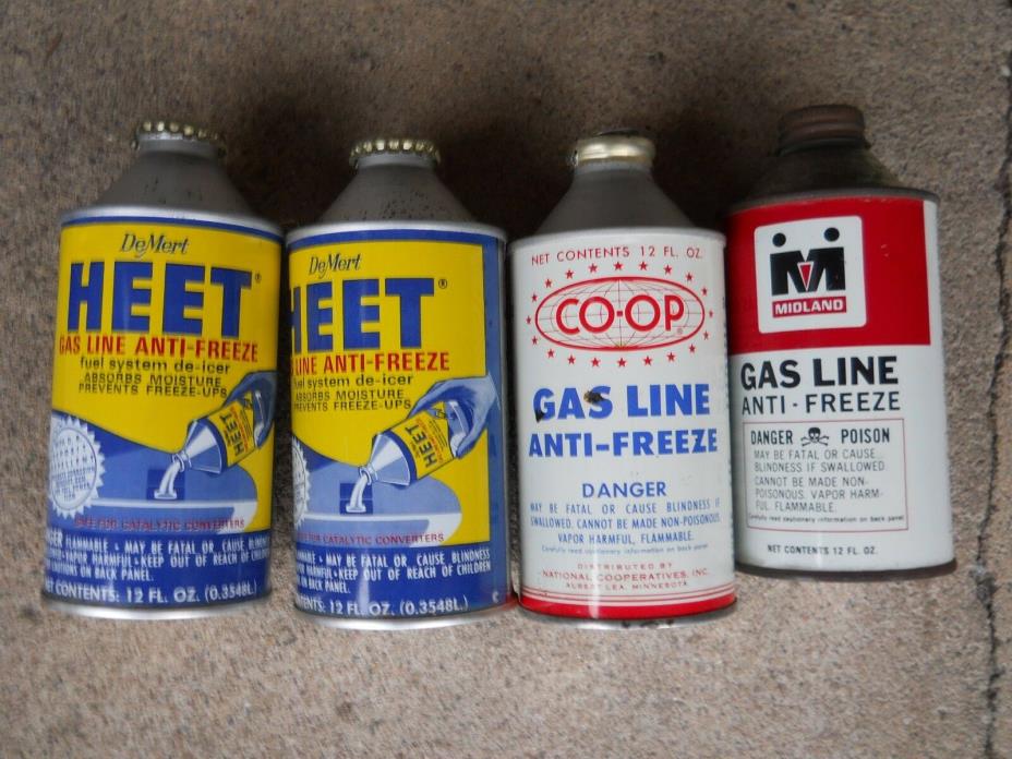 4 Vintage Gas Line Anti freeze 12 Ounce Cone Top Cans All Metal, Empty