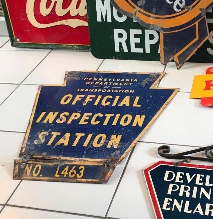 Vintage Original Pennsylvania Inspection Station sign  2 sided w/ hanging number