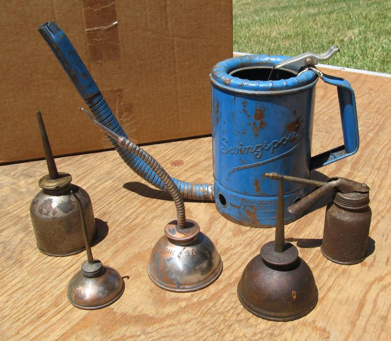 6 Vintage Oil Gas Cans, SwingSpout, Eagle & others, J-Mark lube oil spout