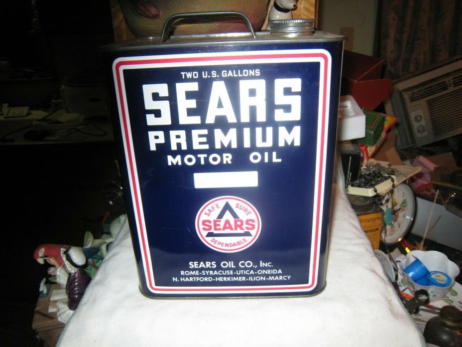 * MINTY* Vintage 2 Gallon NOS SEARS PREMIUM Motor Oil Can IT'S KNOCLESS NY CAN