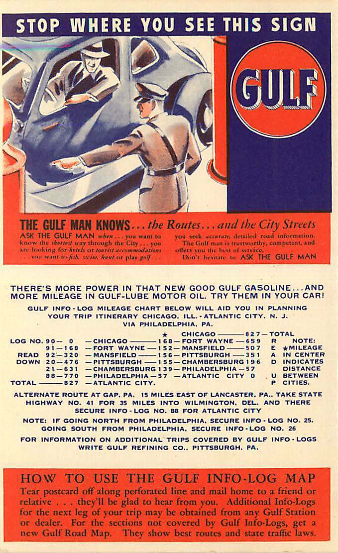 Advertising Card Gulf Oil Info-Log #91 - Ft Wayne, Indiana to Mansfield Ohio Map