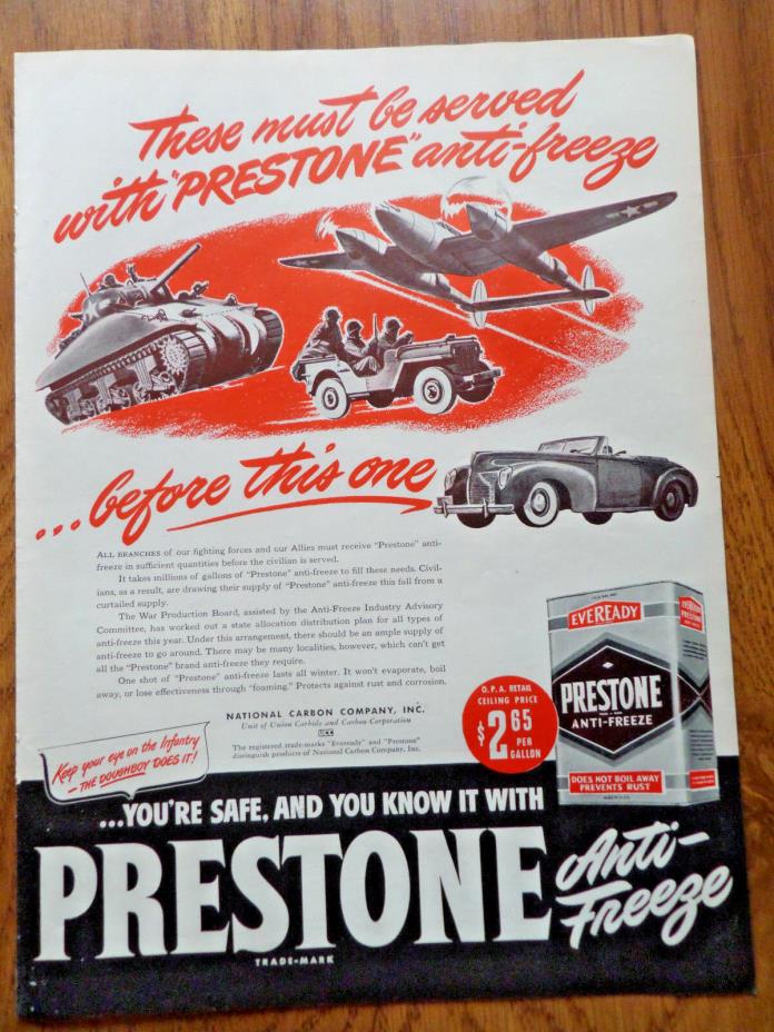 1944 Prestone Anti-Freeze Ad  WW 2 These Must be Served before this One