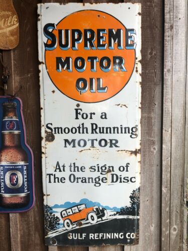 5x2 ft. Rare Antique Original Supreme Motor Oil Gulf Porcelain Petro Sign