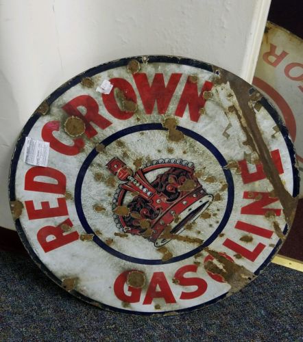 Original porcelain red crown oil and gasoline sign