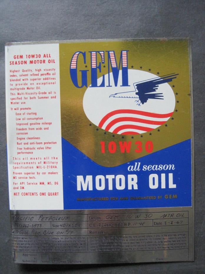 Vintage 1967 Gem Eagle Motor Oil 10-30W Tin Quart Flat Can Promo Salesman Sample