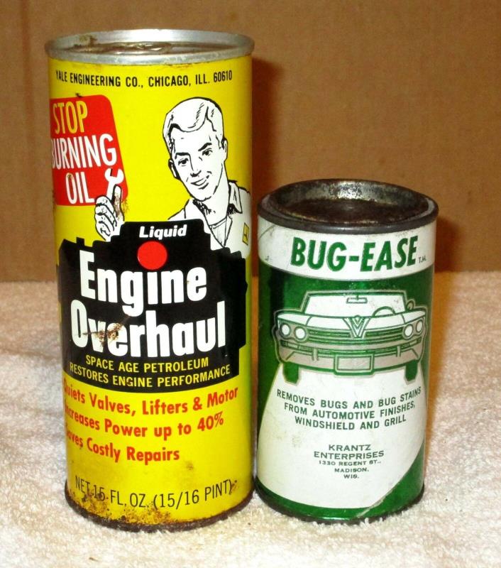 Two Vintage Car Care Tins With graphics 1950's 1960's Engine Overhaul Bug- Ease