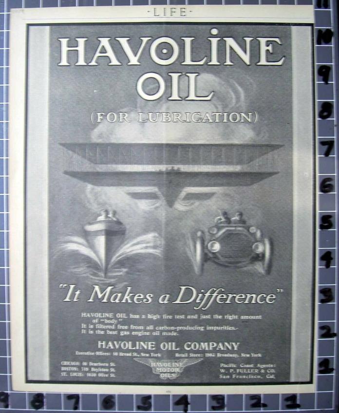 1909 HAVOLINE OIL AUTO CAR BOAT PLANE TRAVEL SPORT AVIATION NAUTICAL AD FB076