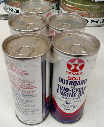 Vintage 1980's Texaco 50-1 Outboard Two-Cycle Engine Oil SAE 20 5-Pack full cans