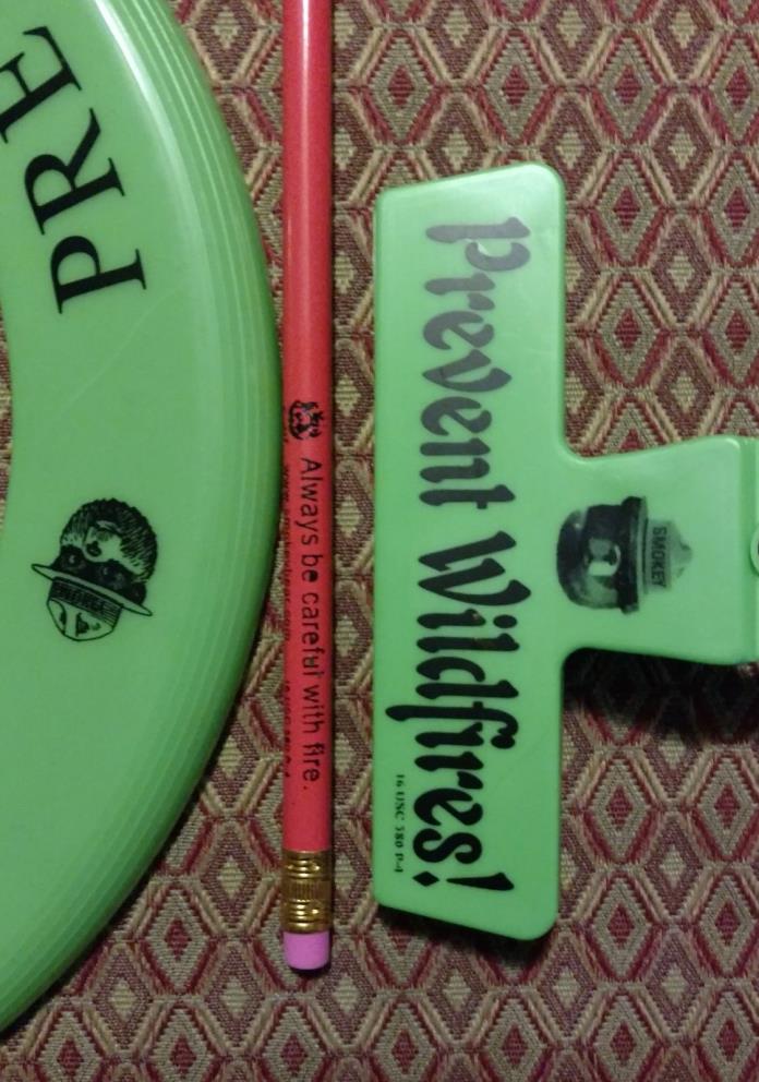 Smokey Bear lot frisbees pencil bag clip and pencil trimmer sharpener