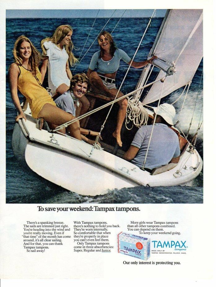 Vintage Beauty Fashion ad Sailboat To save your Weekend Tampax Tampons Women