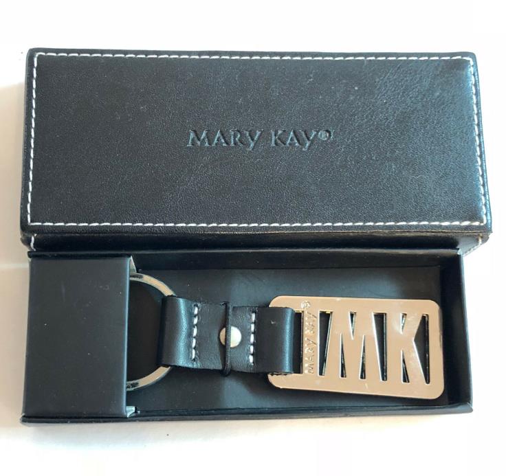 Mary Kay Cosmetics Silver colored metal MK Keychain in Black Faux Leather box
