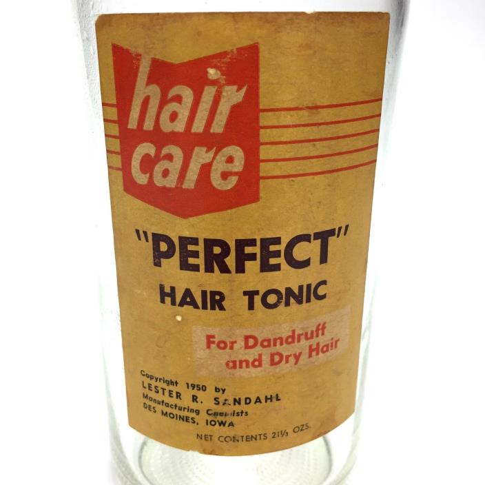 Vintage Perfect Hair Tonic Glass Bottle & Label, Sandahl, Barber Shop decor