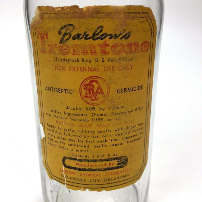Vintage Barlows Tremtone Hair Tonic Glass Bottle Label, Pint, Barber Shop