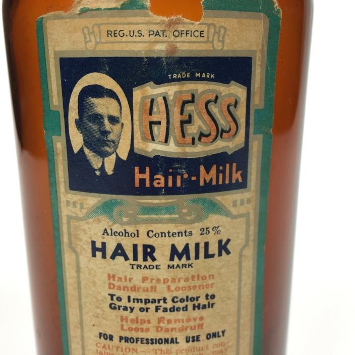 Vintage HESS Hair Milk Glass Bottle & Label, Barber Shop decor, Hair Tonic