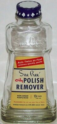 Vintage glass bottle SUE PREE POLISH REMOVER Superior Products Dallas Texas nrmt