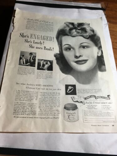 1942 Ponds Cold Cream Audrey Druhmel Photo Vintage Print Ad Retro Bath Decor C1