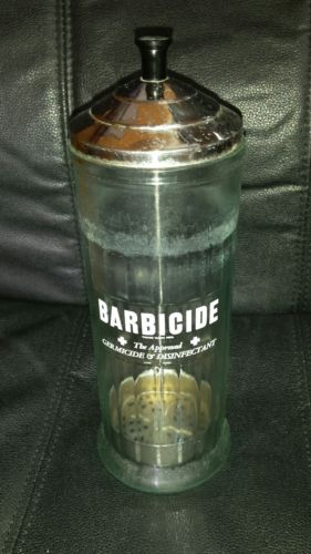 Vintage KING RESEARCH BARBICIDE Barber Shop Disinfecting GLASS JAR 11.25