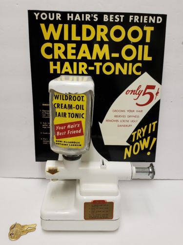 NOS 1950s Wildroot Cream Oil 5c Coin Operated Machine Sign Barber Shop Dispenser