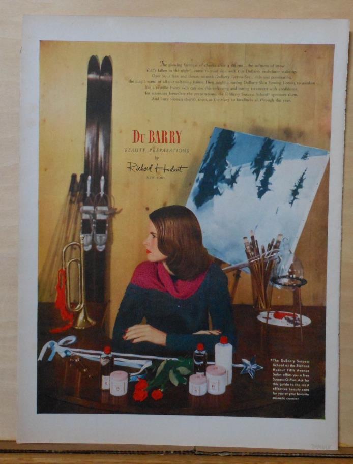 1946 magazine ad DuBarry cosmetics, vintage skis and skier artist, winter wakeup
