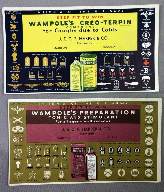 US ARMY NAVY Insignia WAMPOLE Drug Store Medicine ADVERTISING BLOTTER Madison IN