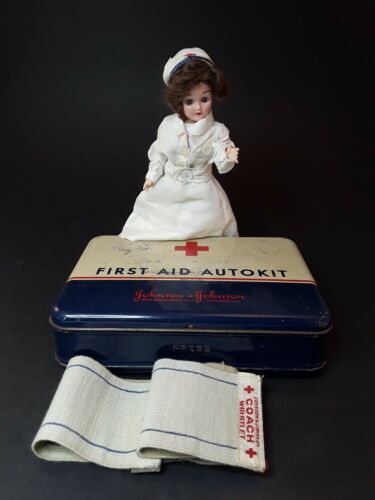Vintage Johnson & Johnson Auto First Aid Kit Box with Wristlet & Nurse Doll