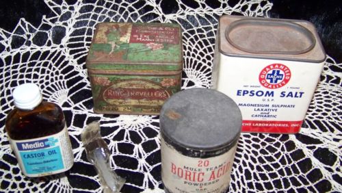 Vintage Medicine Bottle Lot of 5 Castor Oil Tins Advertising Boric acid More