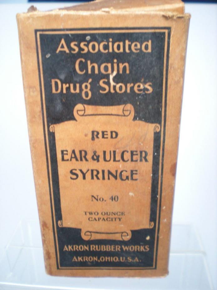 Vintage Red Ear Ulcer Syringe No 40 w/Box Akron Rubber Works Advertising Ohio