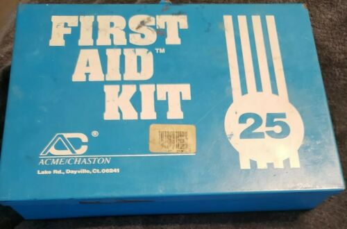 Vintage blue ACME INDUSTRIAL FIRST AID KIT #25 metal box w/first aid guide