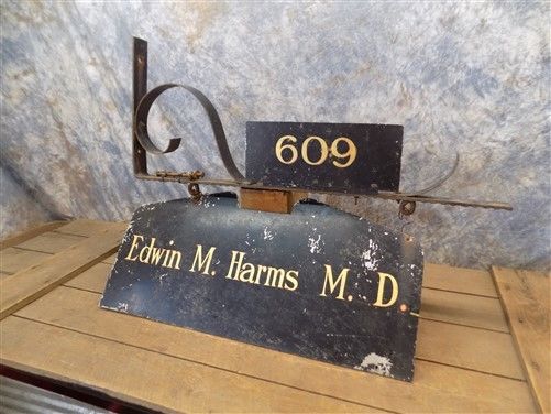 Edwin M Harms MD Vintage Metal Advertising Sign Hanging Double Sided Mancave