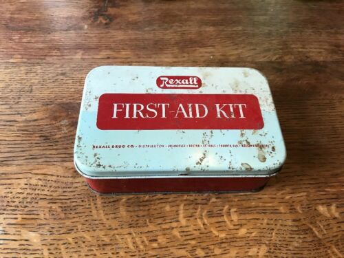 Vtg Rexall Pharmacy First Aid Kit Tin Box 500 Manual Red Cross Gauze Cotton More
