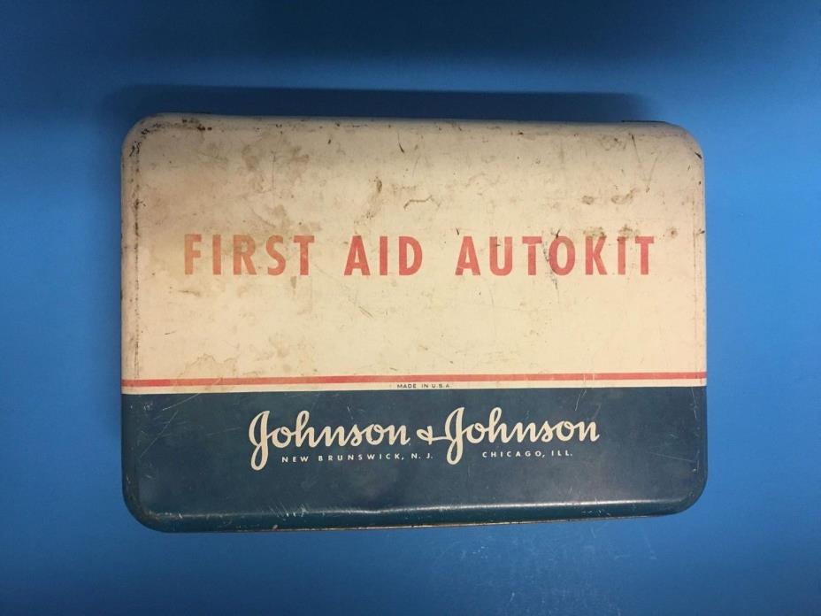1960's Johnson & Johnson First Aid Auto Kit Vintage Metal Tin