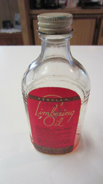Vintage Penslar Limbering Oil Bottle, Lid & Label, 6 oz. Capacity
