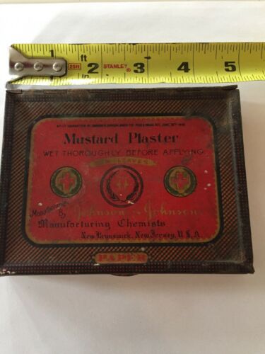 Vintage Mustard Plaster Paper Leaves Johnson Johnson Tin New Jersey