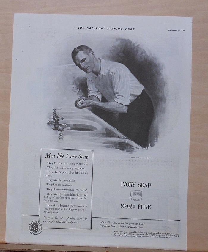 1921 magazine ad for Ivory Soap - Men Like Ivory Soap, reasons why, man at basin