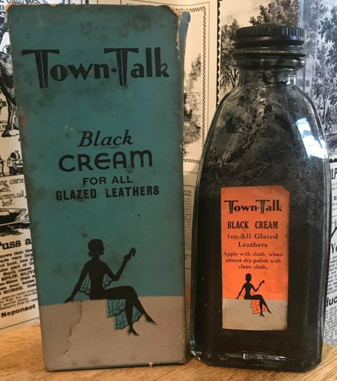 Vintage Town Talk Black Cream Shoe Polish Bottle in Original Box - Cool Graphics