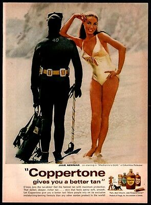 1968 JULIE NEWMAR Movie Star w/ scuba divder vintage Coppertone Sun Lotion AD