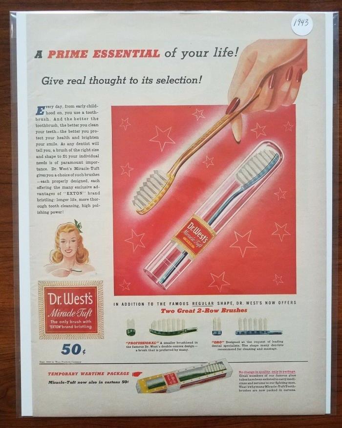 1943 Dr. Wests Miracle Tuft Tooth Brush Dental Health Decor Vintage Print Ad