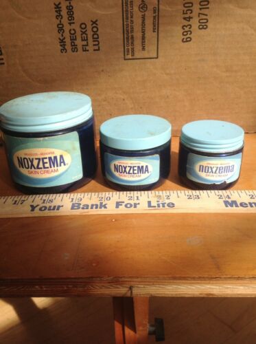3 Vintage Noxema Skin Cream Jars Blue Jars Repurpose Collectible Decor
