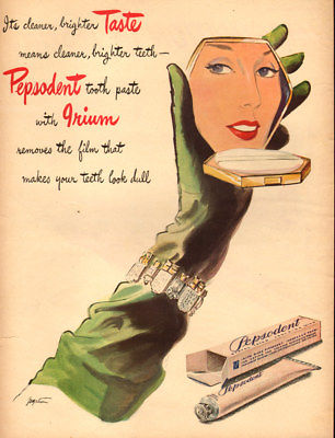 1946 vintage AD PEPSODENT TOOTHPASTE with Irium, Elegant AD Green Glove 050618