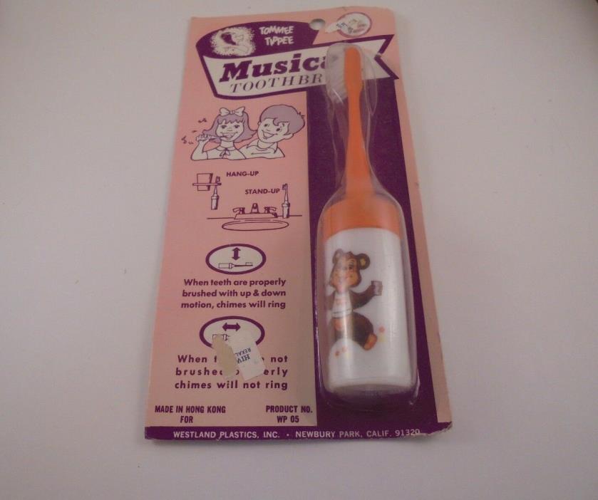 VTG 1960s Tommee Tippee Musical Toothbrush Orange W/Bear on Handle Unopened