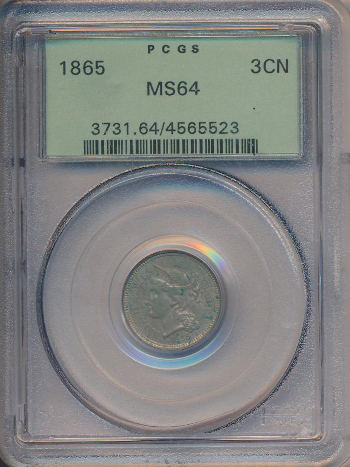 1865 THREE CENT NICKEL **PCGS CERTIFIED MS 64** FREE SHIPPING