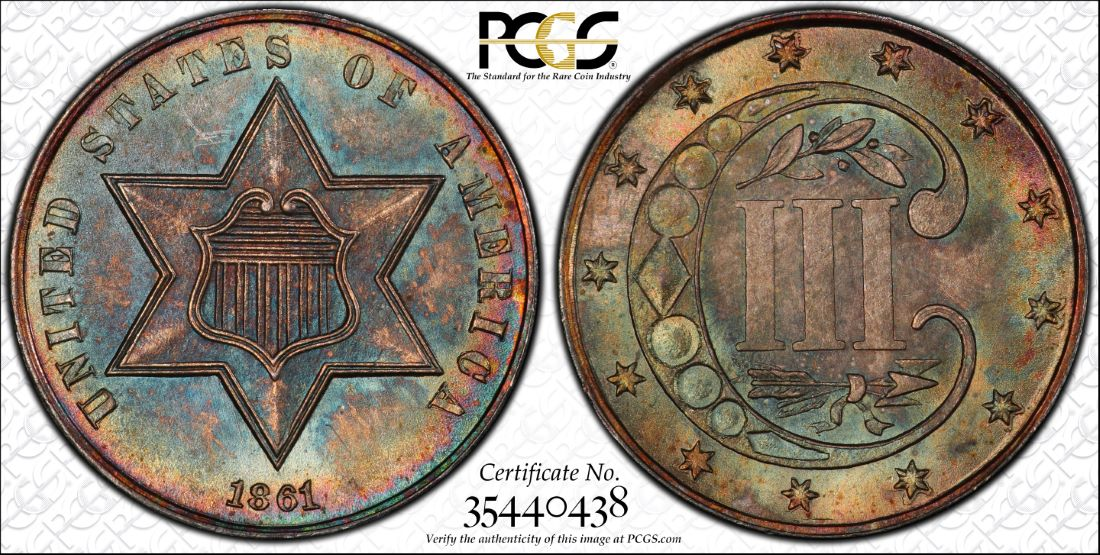 PCGS MS67 1861 THREE CENT SILVER TOP POP TYPE 3 RAINBOW COLOR TONED TONING 3CS