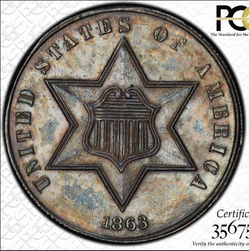 1863 3cS PCGS MS-63 ~ LOW MINTAGE CIVIL WAR YEAR THREE CENT SILVER TRIME