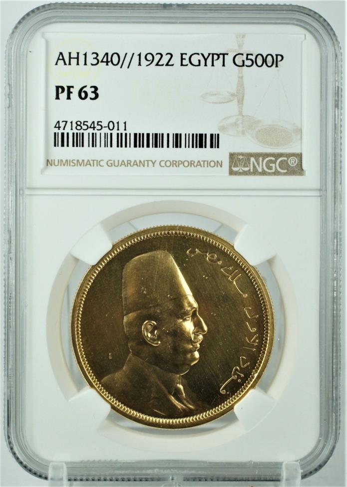 Egypt AH1320//1922 Gold 500 Piastre NGC MS63 - Rare for the grade assigned