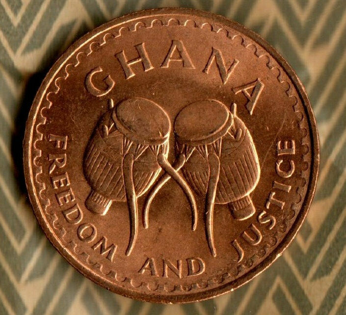 1967 UNC Ghana Africa 1 Pesewa, Freedom and Justice. Adowa Drums on Coin,